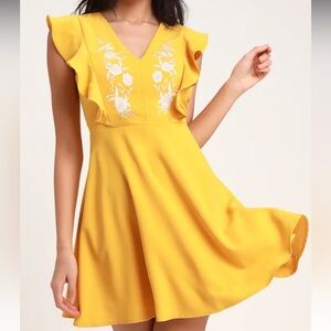 Lulus New Adventure Yellow Embroidered Skater Dress